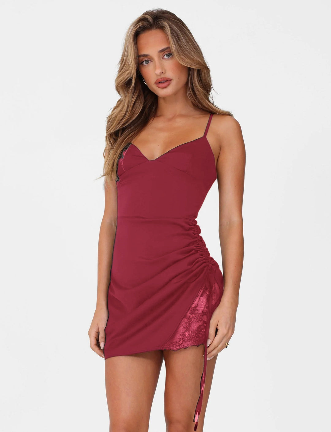Damen Minikleid mit raffinierten Rüschendetails und verführerischem Spitzenansatz R&B