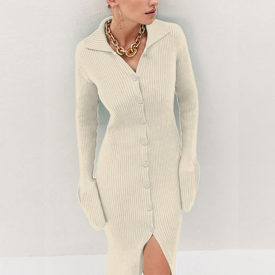Damen Strickkleid mit modischem Knopfverschluss und elegantem Schlitz R&B