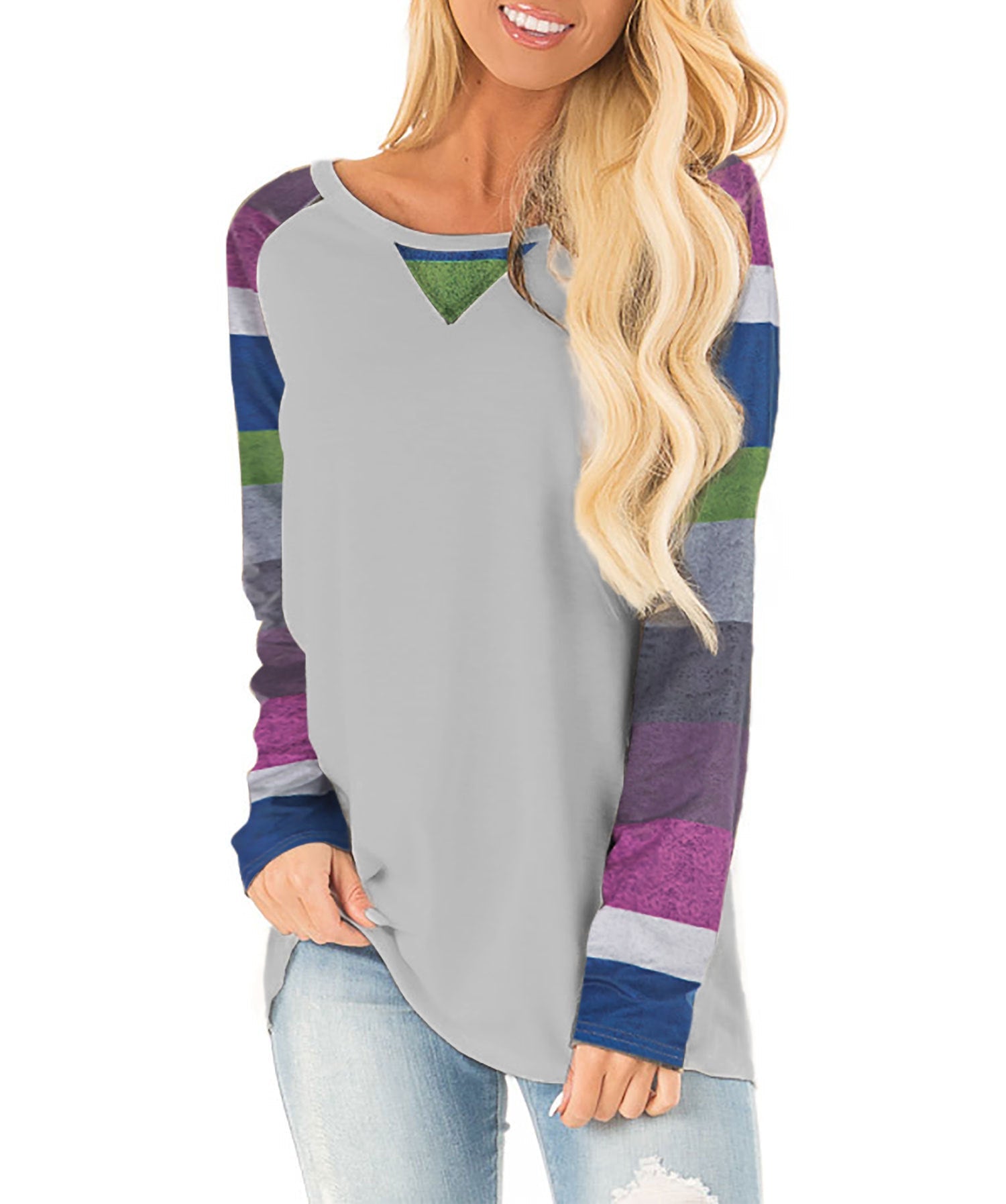 Damen Lässiges Langarmshirt mit grafischem Muster und seitlichen Schlitzen R&B