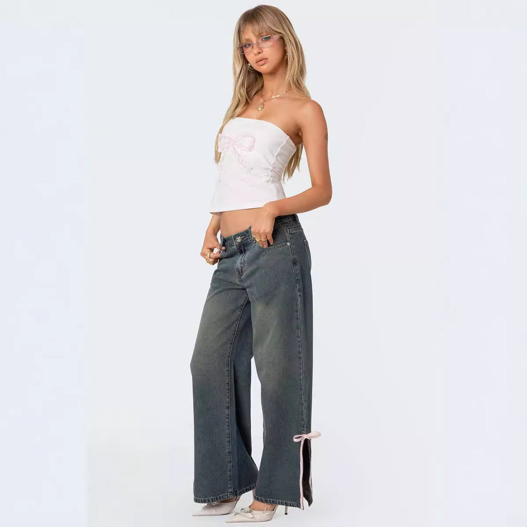 Damen Hohe Taillen Denim-Hose mit modischen Schleifendetails R&B