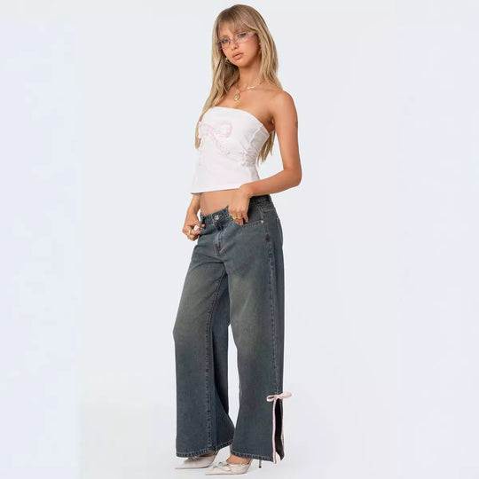 Damen Hohe Taillen Denim-Hose mit modischen Schleifendetails R&B