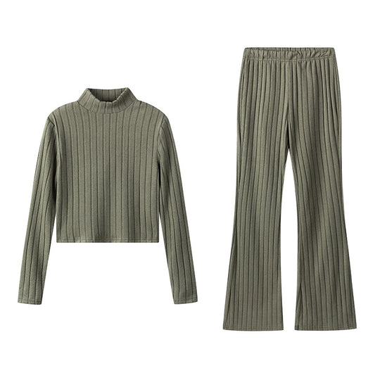 Damen Zweiteiliges Set mit hochgeschlossenem Pullover und ausgestellter Hose R&B