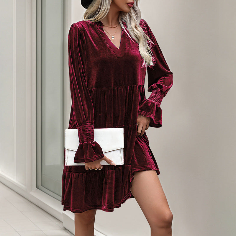 Damen V-Ausschnitt Mini-Kleid mit voluminösen Ärmeln und Rüschendesign R&B