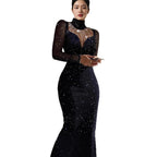Damen Elegantes Abendkleid mit transparenten Ärmeln und schimmerndem Sternenmuster R&B