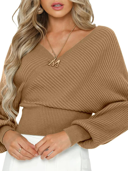 Damen lässiger V-Ausschnitt Pulli mit breiten Ärmeln und Rippstruktur R&B