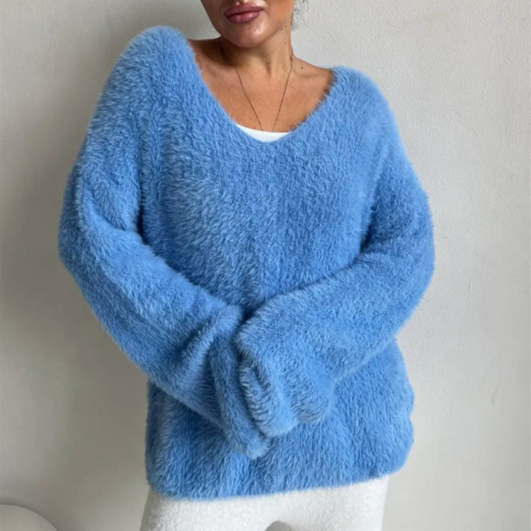 Damen Flauschiger V-Ausschnitt Pullover aus hochwertigem Material