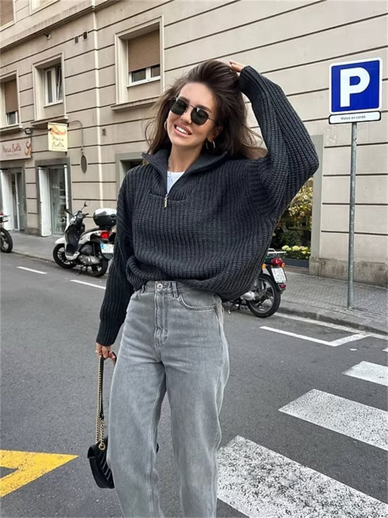 Damen Grober Strickpullover mit hohem Kragen und Reißverschluss R&B