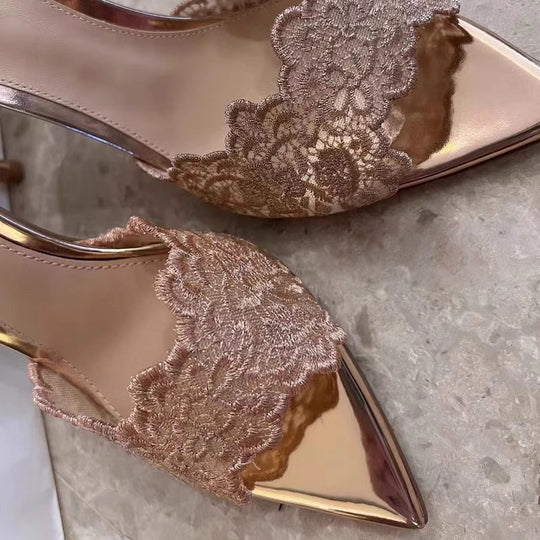 Damen elegante Slingback-Mules mit Spitze und filigraner Blumenverzierung R&B