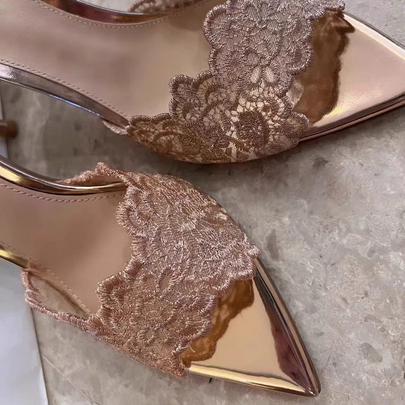 Damen elegante Slingback-Mules mit Spitze und filigraner Blumenverzierung R&B