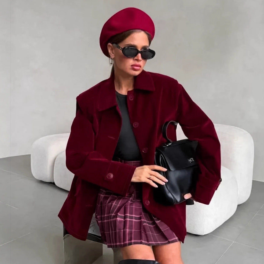 Damen Veloursjacke im modernen Oversized-Stil mit praktischen Taschen R&B