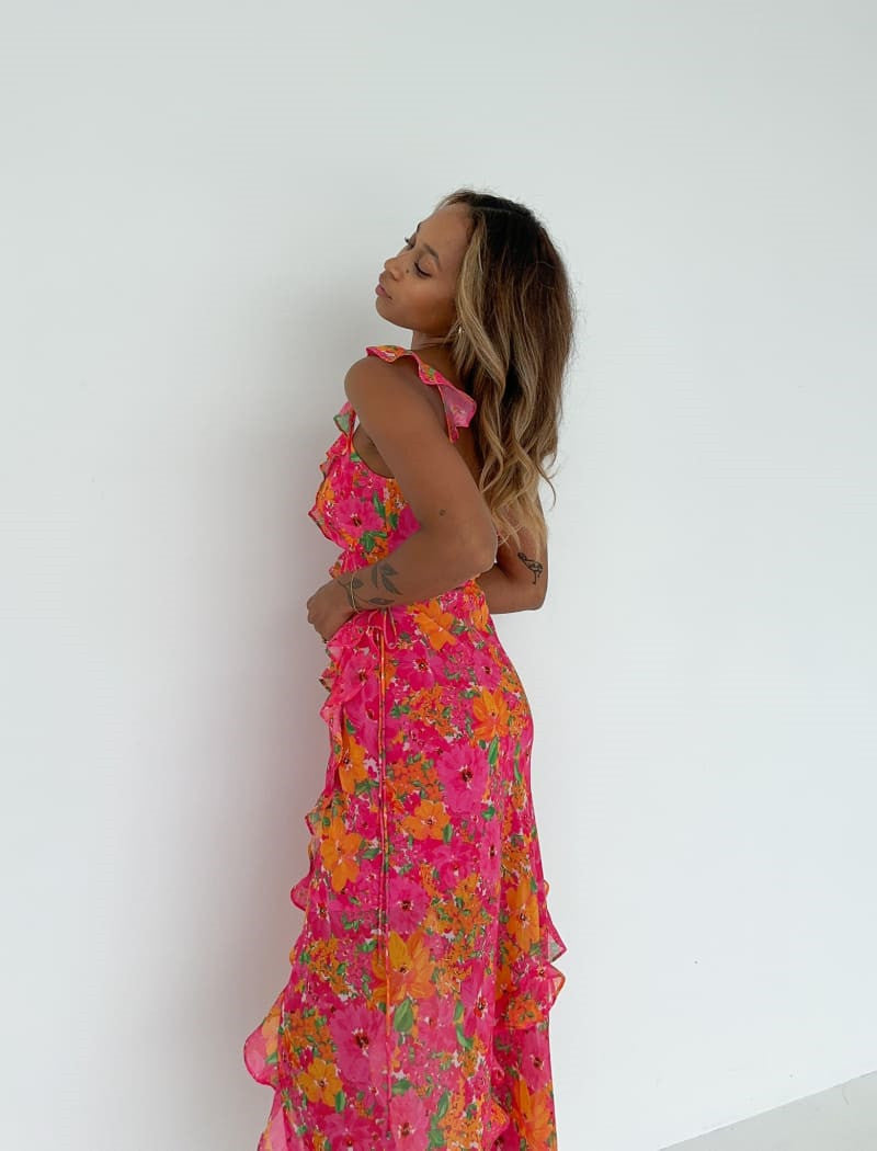 Damen Maxikleid mit asymmetrischem Saum und voluminösen Rüschen R&B