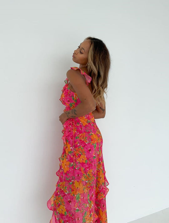 Damen Maxikleid mit asymmetrischem Saum und voluminösen Rüschen R&B