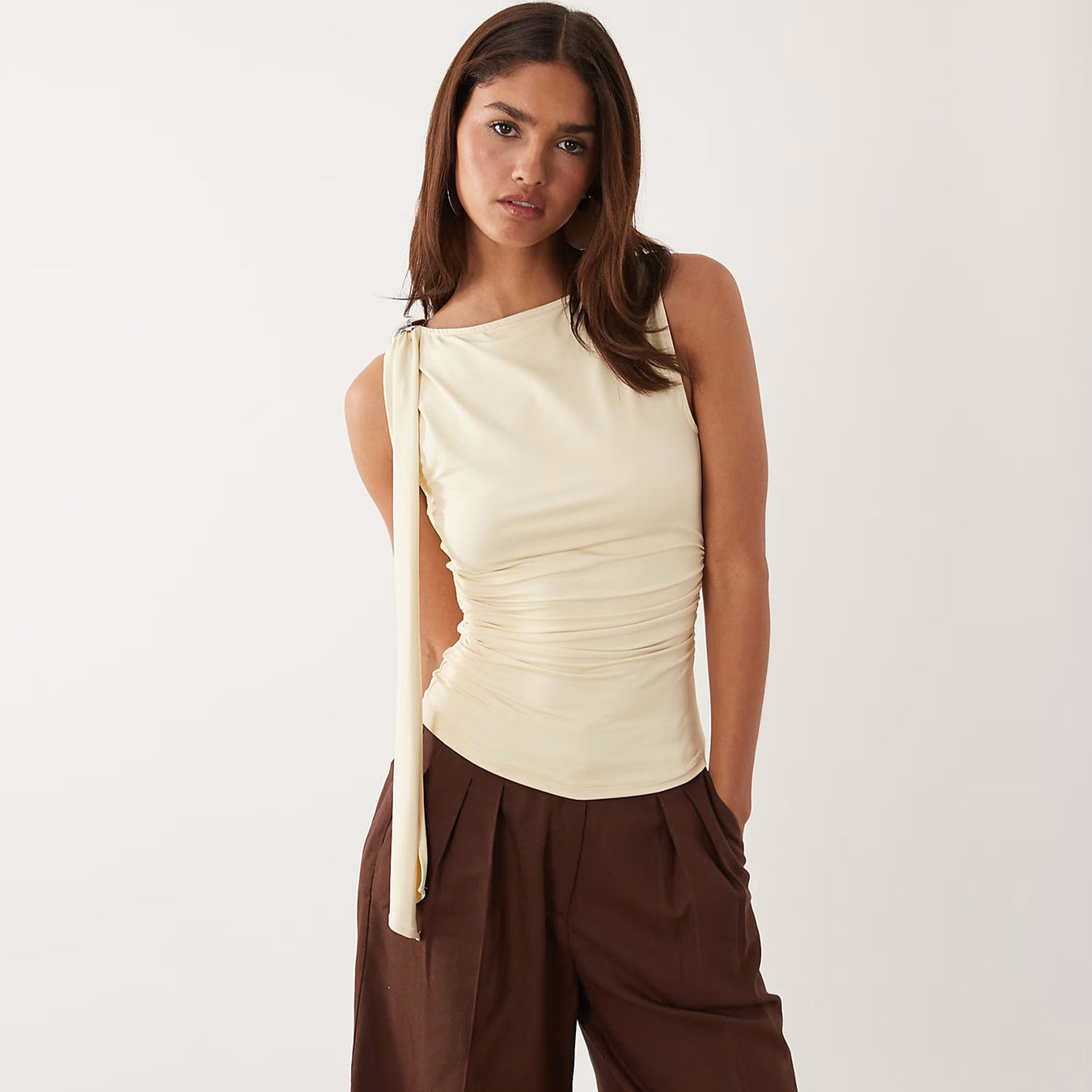 Damen elegantes Raffungskleid mit dekorativem Schulterband R&B