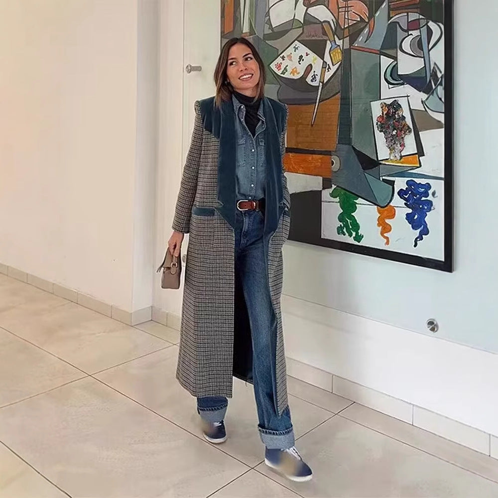 Damen eleganter längerer Blazer mit feinem Karomuster und flauschigem Kragen R&B