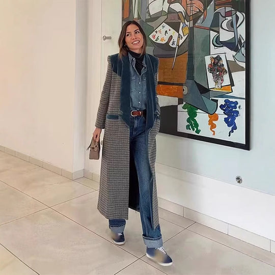 Damen eleganter längerer Blazer mit feinem Karomuster und flauschigem Kragen R&B