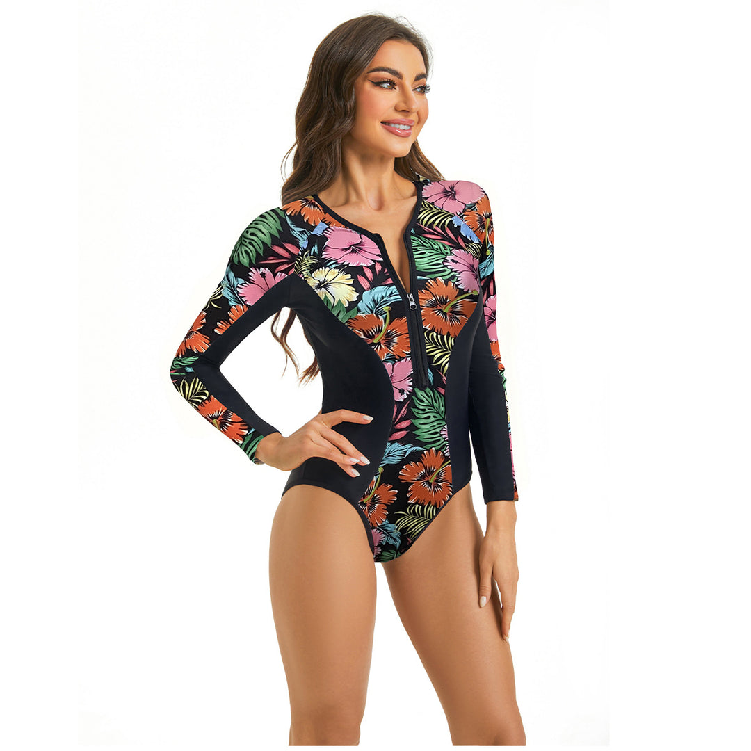 Damen Sportlicher Langarm Badeanzug mit floralem Grafikdesign R&B