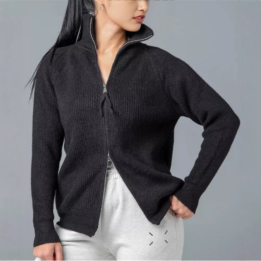Damen Strickjacke mit hohem Kragen und Reißverschluss R&B
