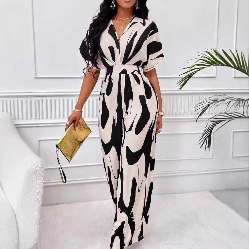 Damen Eleganter Jumpsuit mit großflächigem Muster und V-Ausschnitt R&B