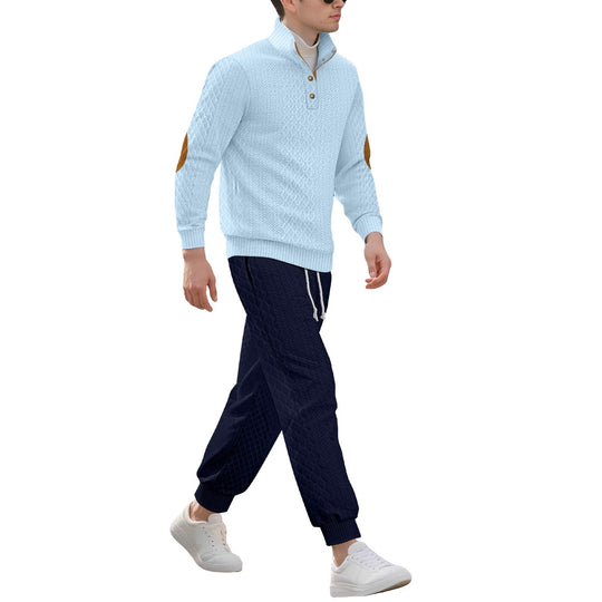 Herren nan strukturiertes Strick-Freizeitset mit Halbknopf-Stehkragen Wildleder-Ellbogenpatches und Kordelbund-Jogger R&B