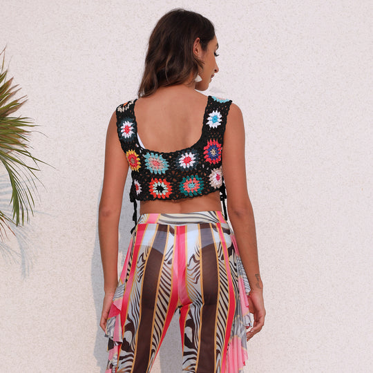 Damen gehäkeltes Crop-Top mit bunten Blumenmotiven R&B