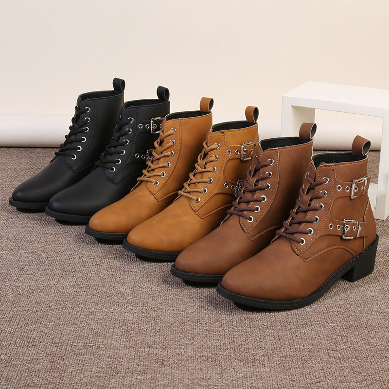 Damen modische Schnürstiefeletten mit praktischen Schnallen und robustem Absatz R&B