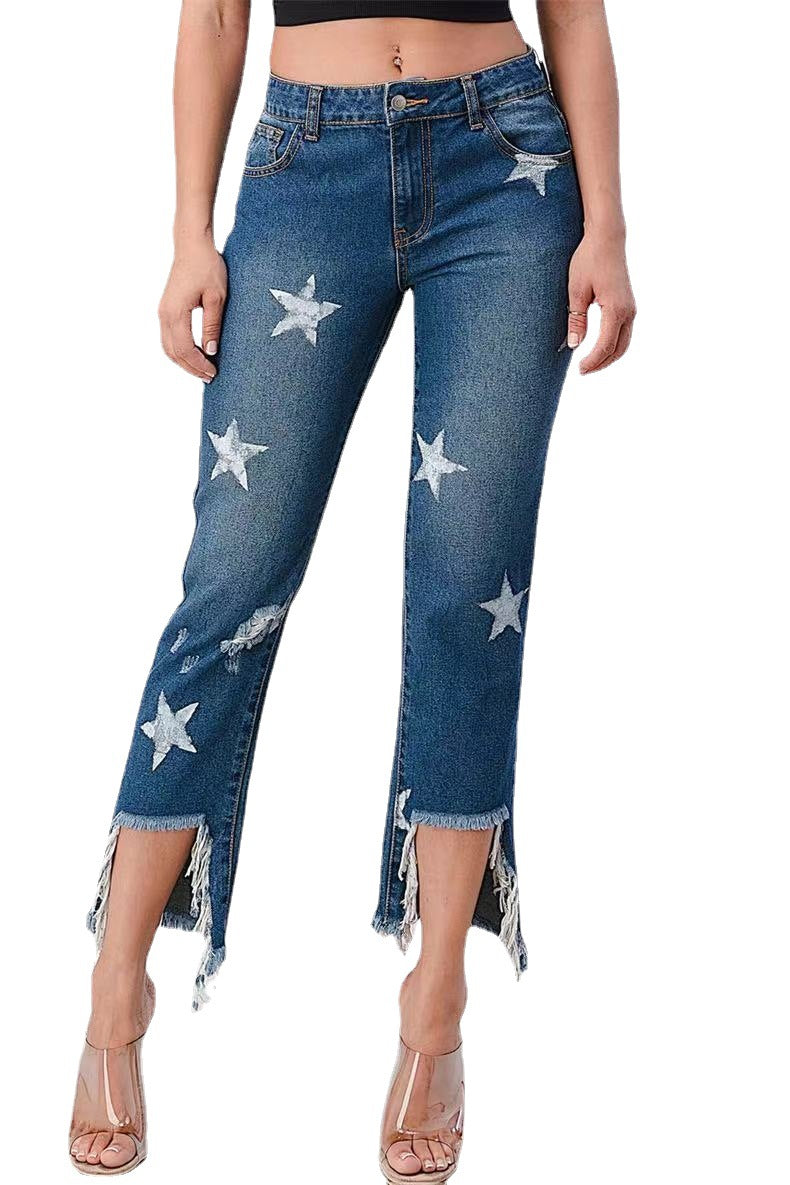 Damen modische Jeans mit Sternen-Design und fransigem Saum R&B
