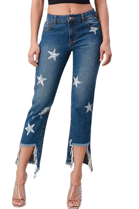 Damen modische Jeans mit Sternen-Design und fransigem Saum R&B
