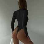 Damen körperbetonter Langarm-Bodysuit mit Stehkragen und raffinierten Details R&B