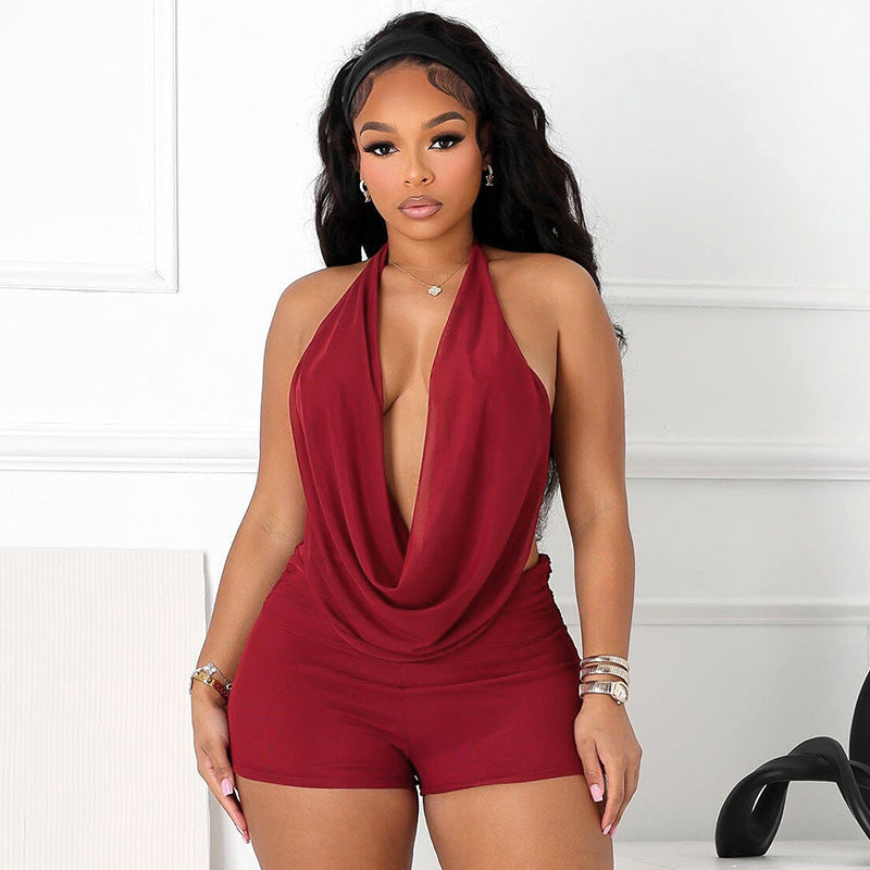 Damen eleganter Jumpsuit mit tiefem V-Ausschnitt und weichem Stoff R&B