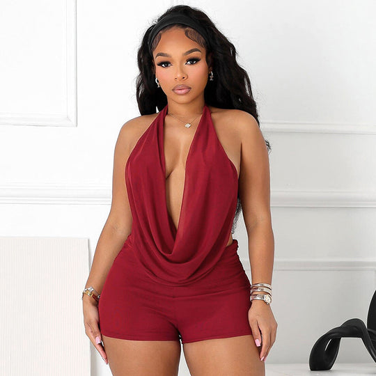 Damen eleganter Jumpsuit mit tiefem V-Ausschnitt und weichem Stoff R&B