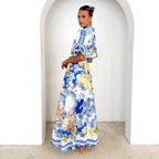 Damen Maxikleid mit floralem Knopfleisten-Design und tailliertem Gürtel R&B