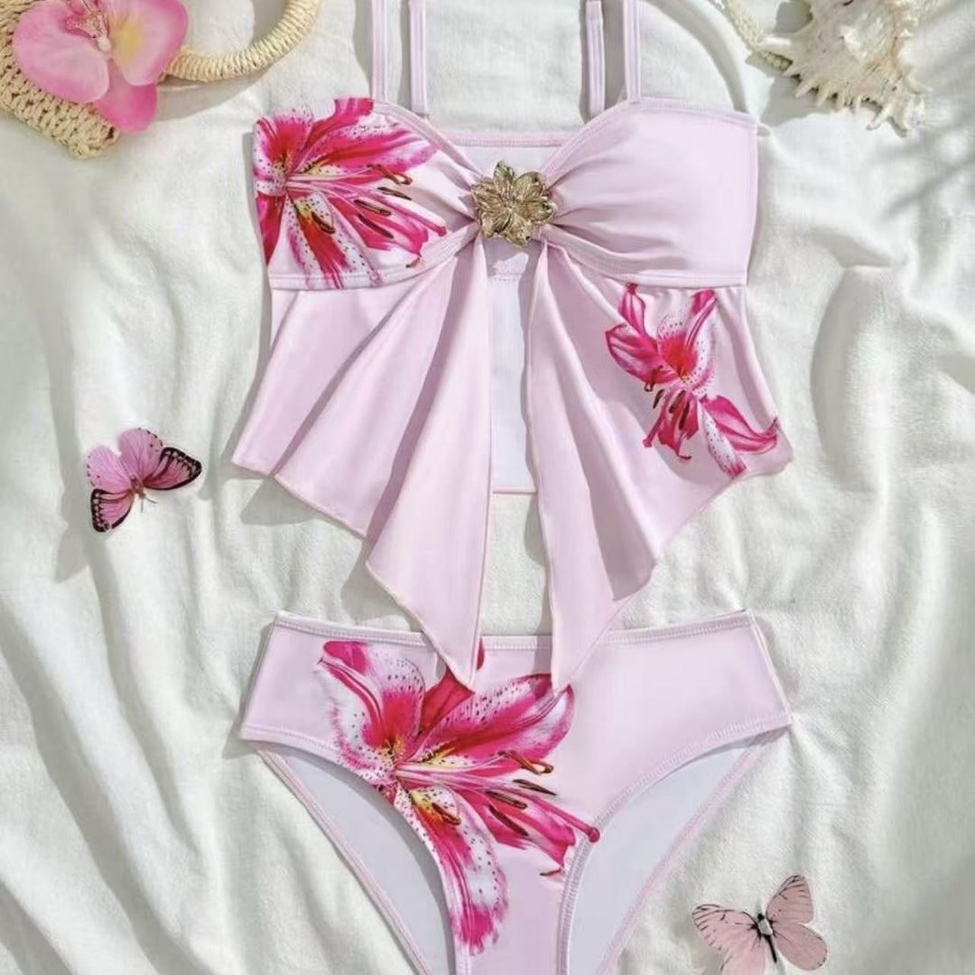 Damen Bikini-Set mit floralem Wickeldetail und eleganter Blütenapplikation R&B