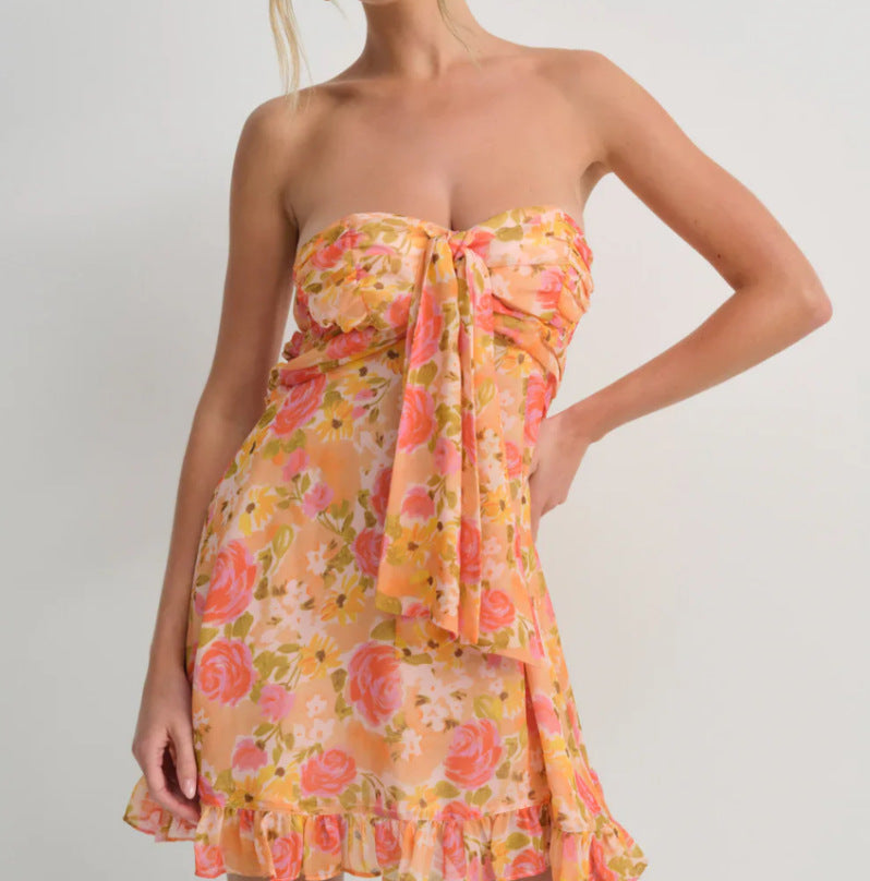 Damen nan trägerloses Chiffon-Sommerkleid mit Blumenmuster Bandeau-Oberteil und Volantbesatz R&B