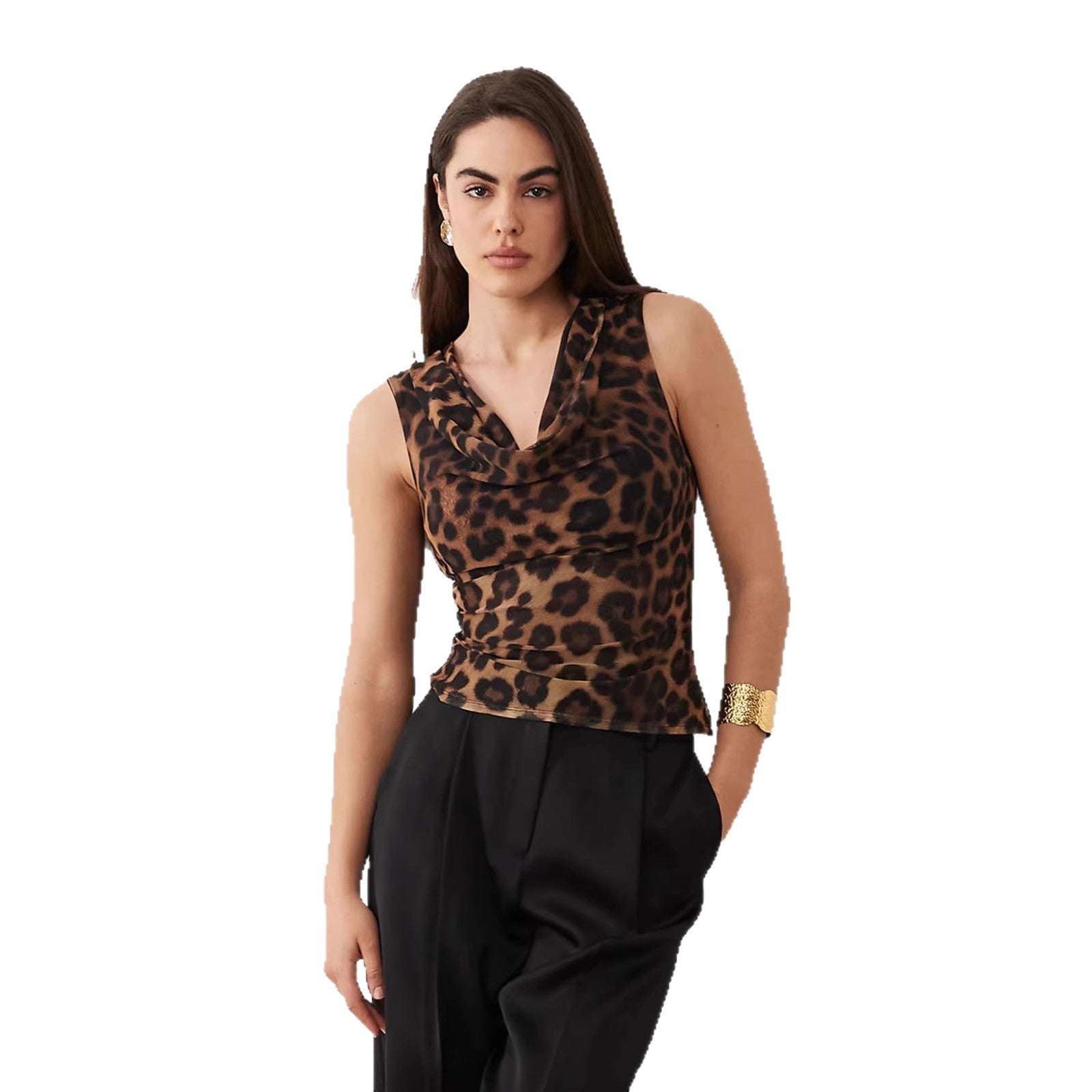 Damen Cowl-Neck Top mit Leopardenmuster und figurbetontem Schnitt R&B
