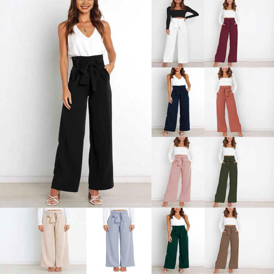 Damen Weit geschnittene High-Waist-Hose mit Binde-Gürtel und Taschen R&B