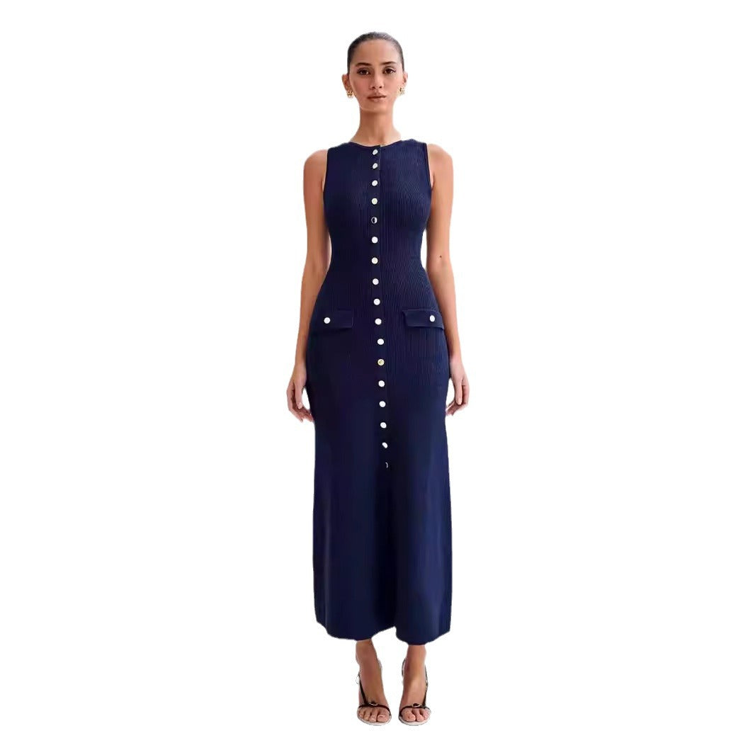 Damen Strick-Maxikleid mit durchgehendem Knopfverschluss