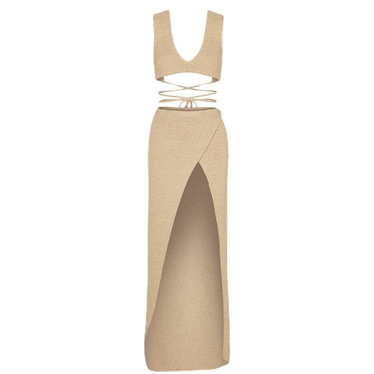 Damen elegantes Kleid mit tiefem Schlitz und verspielten Trägern R&B