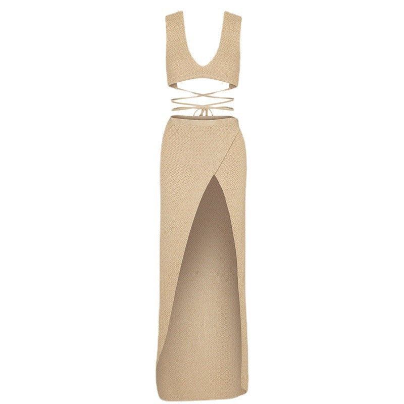 Damen elegantes Kleid mit tiefem Schlitz und verspielten Trägern R&B