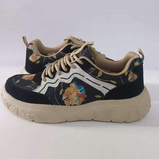 Damen nan modische Plateau-Sneaker mit floralem Canvasmuster und Velourslederbesatz R&B