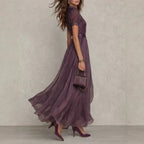 Damen nan langes Chiffon-Abendkleid mit Spitzen‑Stehkragen, Schlüsselöffnung und taillierter Schärpe R&B