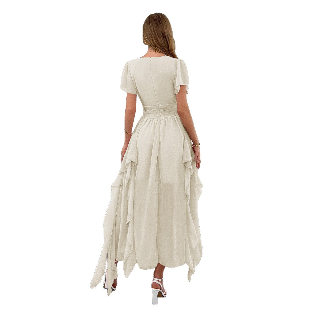 Damen Maxi-Kleid mit fließendem Rüschendesign und V-Ausschnitt R&B