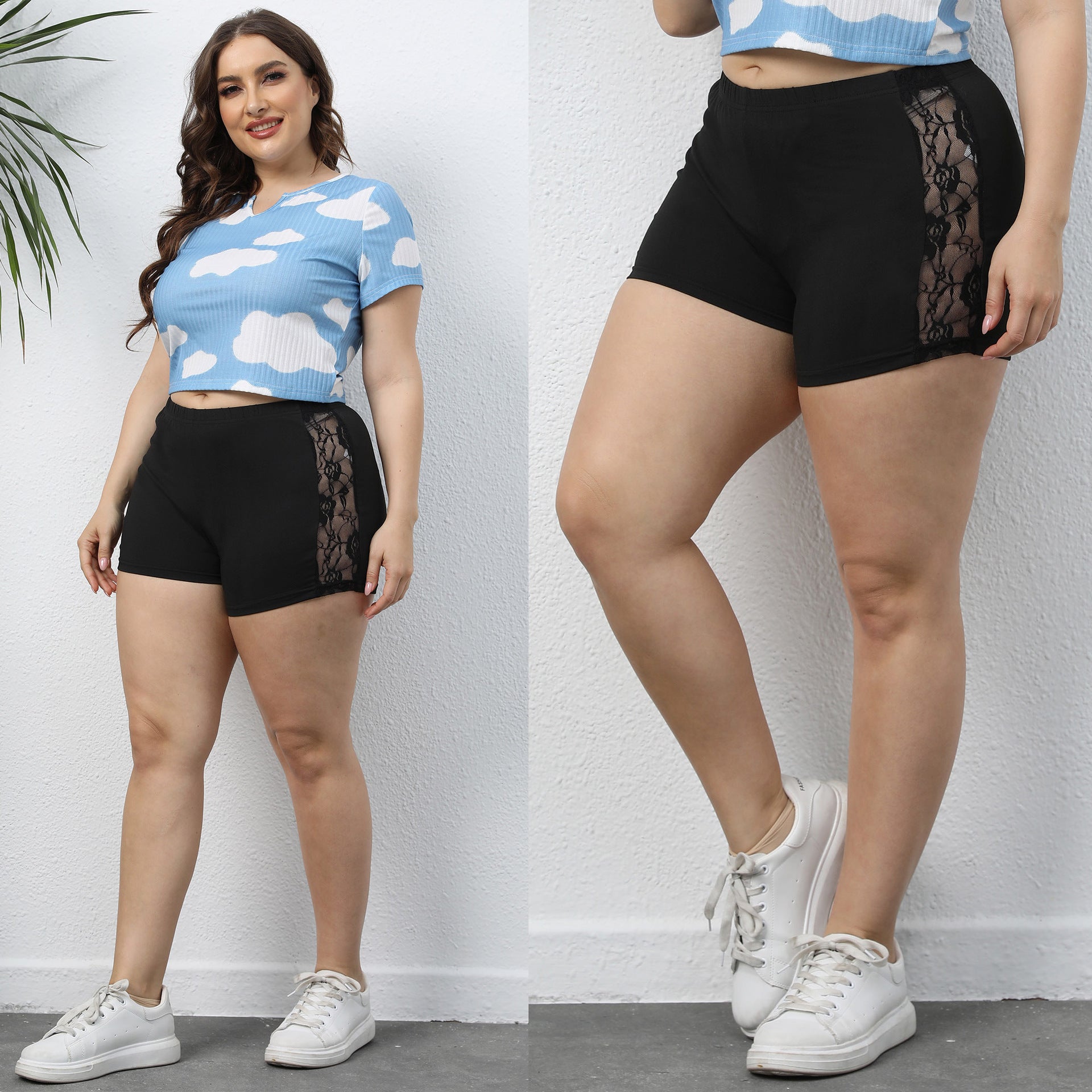Damen lässiges Cropped T-Shirt mit Wolkenmuster R&B