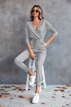 Damen Lässiger Langarm-Jumpsuit mit Wickeloberteil und elastischem Bund R&B