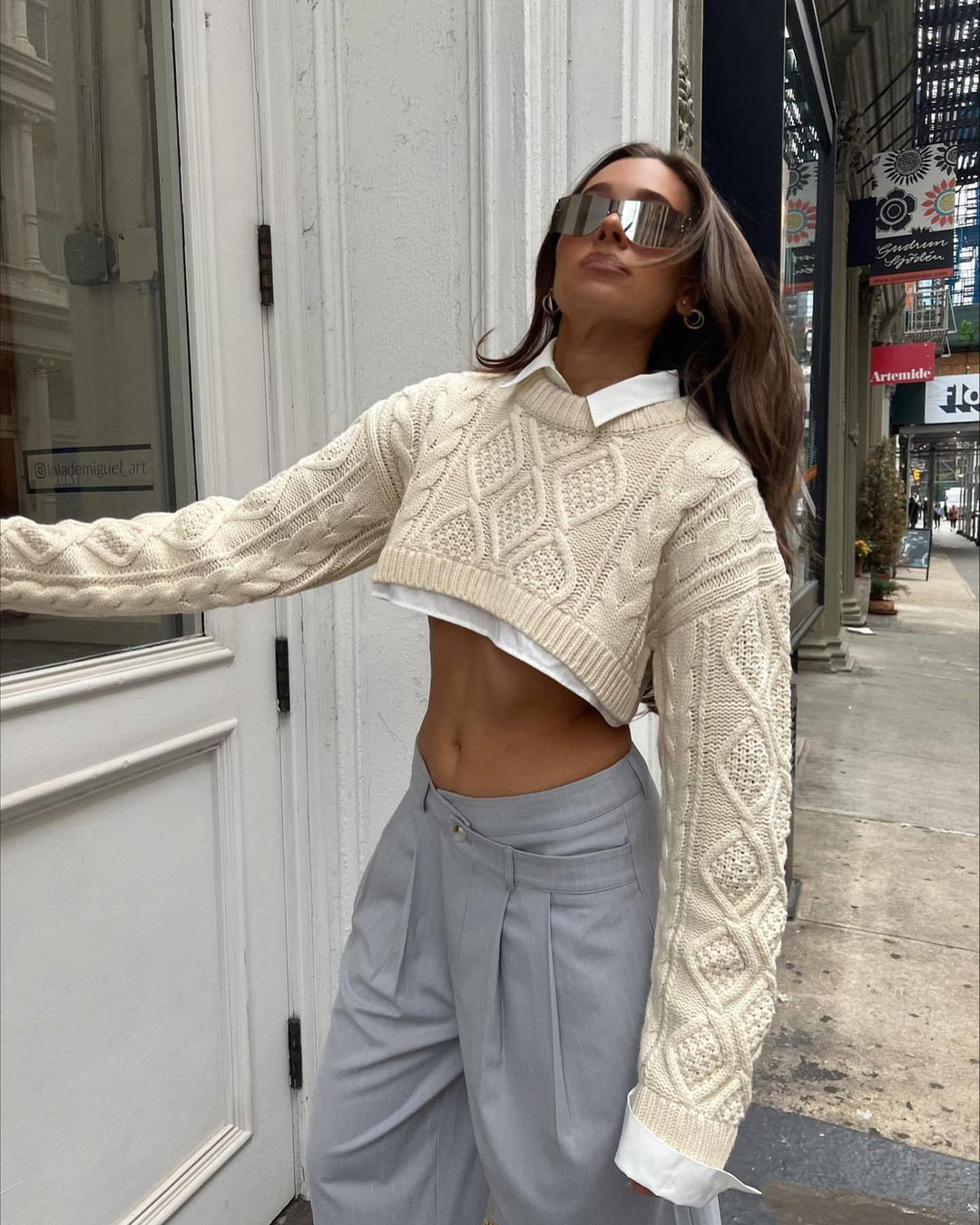 Damen Strickpullover im lässigen Cropped-Stil mit Zopfmuster R&B