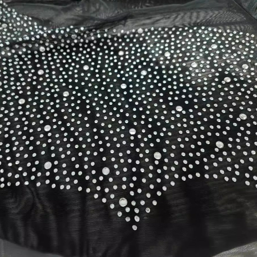 Damen elegantes Minikleid mit transparenten Ärmeln und Strassverzierungen R&B