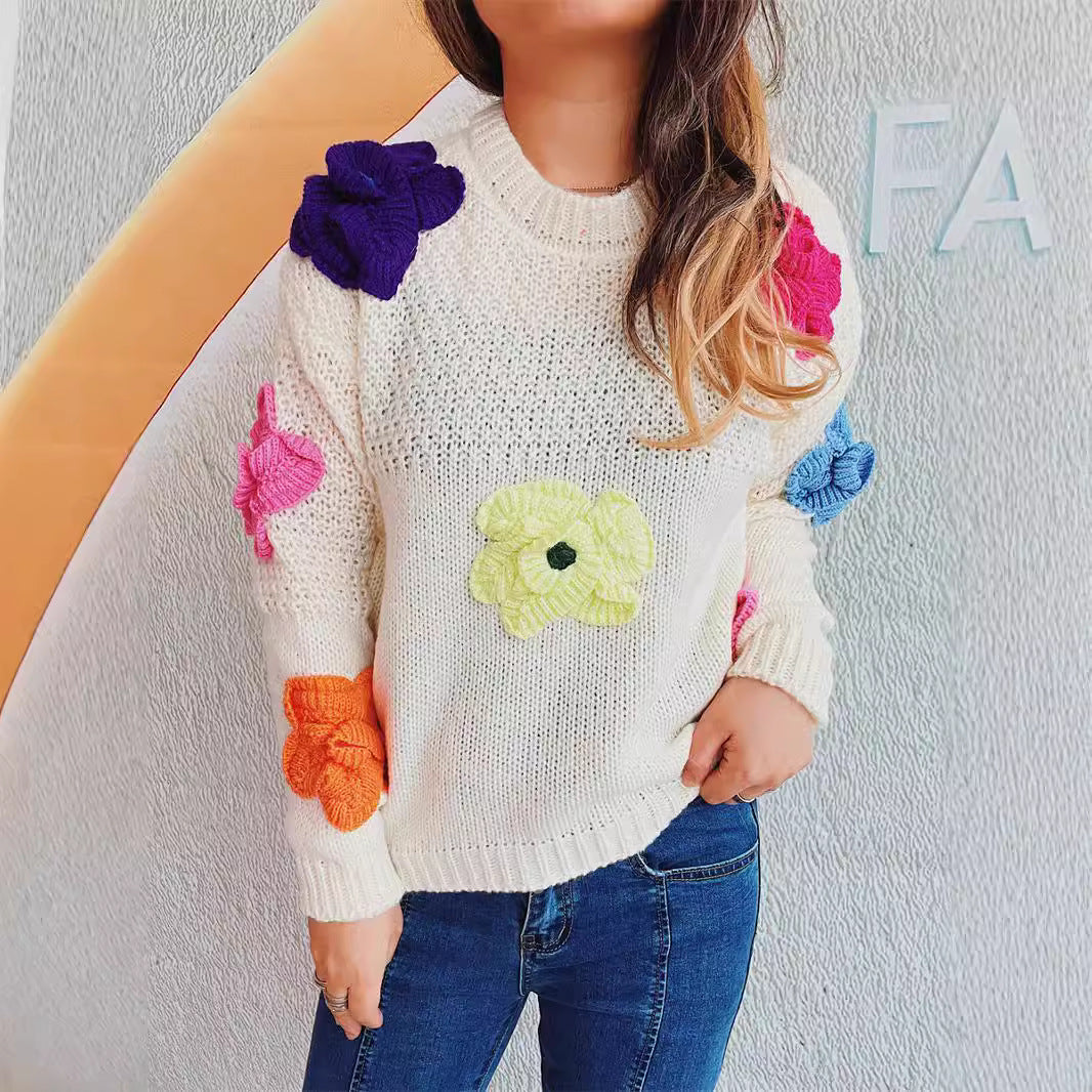 Damen kuscheliger Strickpullover mit floralem 3D-Motiv R&B