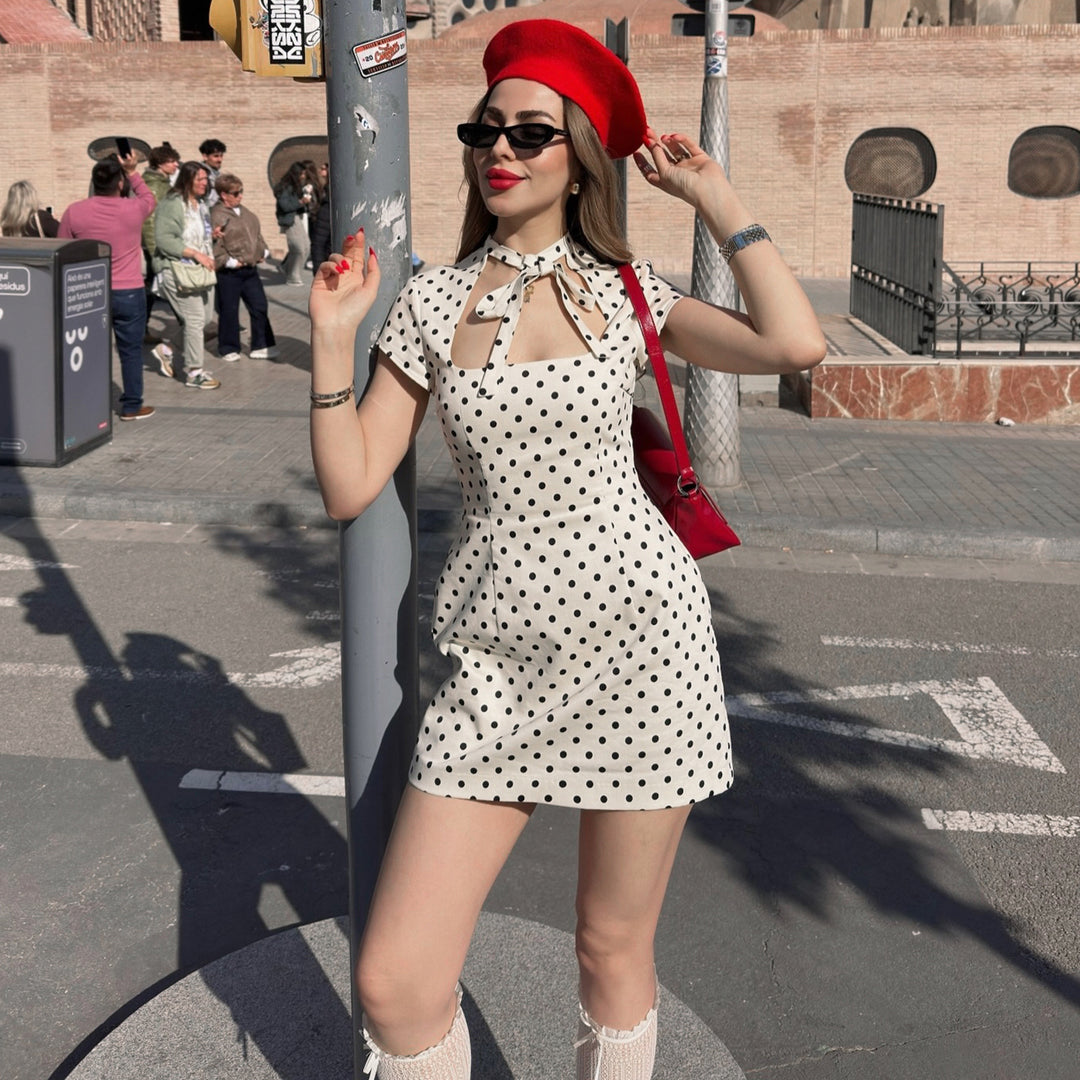 Damen Kleid mit Polka-Dots und hohem Kragen R&B