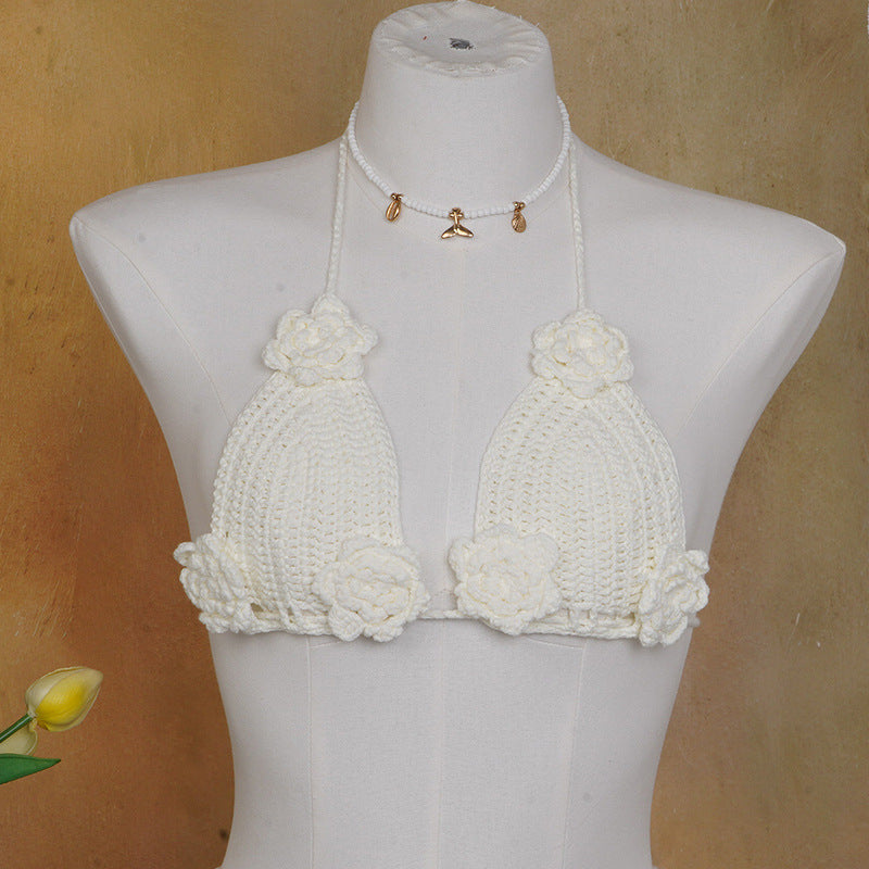 Damen Häkel-Bikini-Oberteil mit floralen Akzenten und verstellbaren Trägern EB