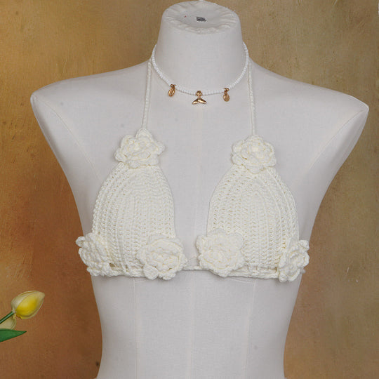 Damen Häkel-Bikini-Oberteil mit floralen Akzenten und verstellbaren Trägern R&B