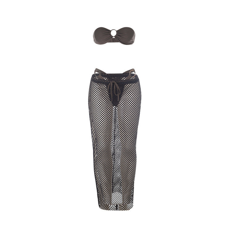 Damen Netz-Midirock mit hohem Schlitz und elastischem Bund R&B